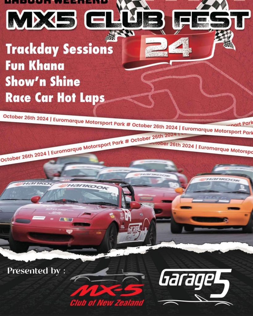 MX5 Club Fest poster featuring organizers MX5 car club and Garage 5