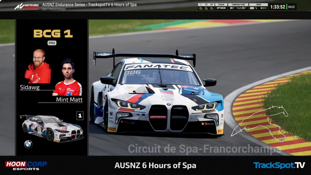 Stream screenshot showing live footage of the BCG1 car and driver graphic of BCG1 drivers Sidawg and Mint Matt