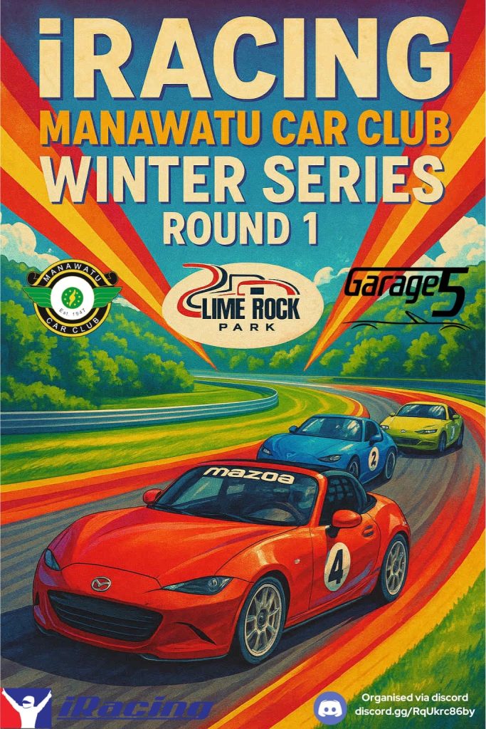 Promo graphic for the Manawatu Car Club E Series round 1 feature art of 3 MX5s racing around a track corner.
